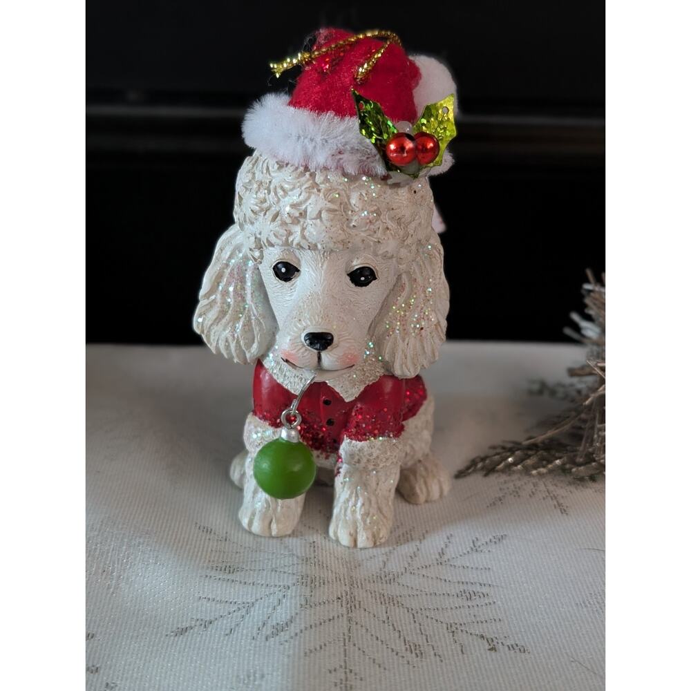Pier 1 Christmas Poodle Dog Ornament Santa Hat Glitter Red Coat Holiday Decor